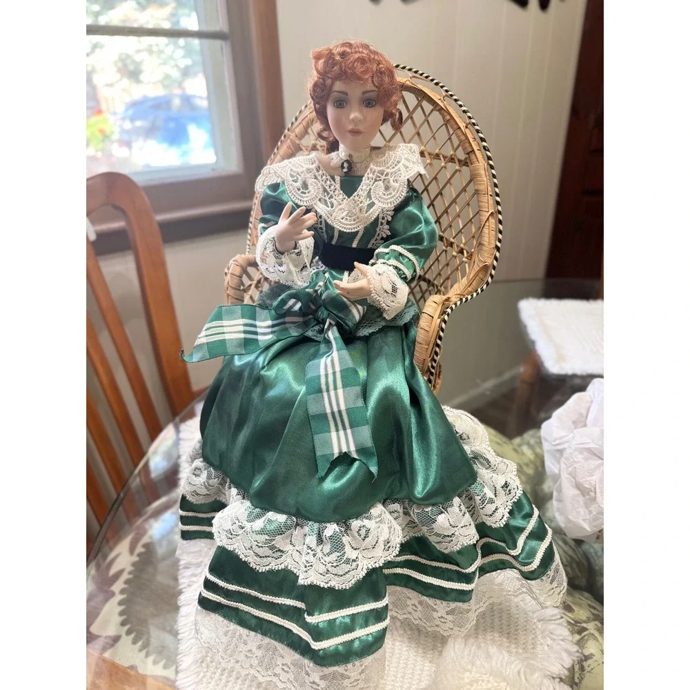 Victorian Porcelain Doll Emerald Green Lace Dress Wicker Peacock Chair 16in